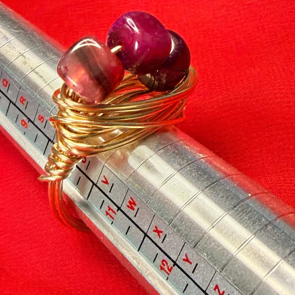 Wire Wrapped Artisan Ring gold tone and fuchsia wrapped beads or stones